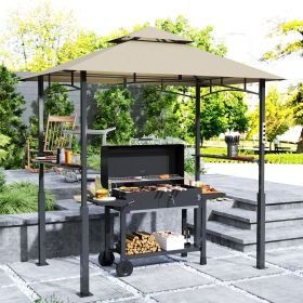8' x 5' Outdoor Grill Gazebo, Barbecue Gazebo Shelter with LED Light, 2 Side Shelves, Hooks, Bottle Opener, Khaki