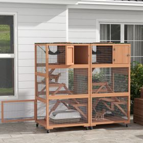 2 Piece Wooden Catio, Cat Enclosure House with Hammock, Wheels, Platforms Ramps, Weather Protection Asphalt Roof
