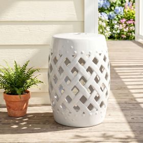 12.5" x 18" Ceramic Garden Stool with Woven Lattice Design & Glazed Strong Materials Decorative Outdoor Stool, White