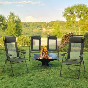 Set of 4 Folding Patio Chairs, Camping Chairs with Adjustable Sling Back, Removable Headrest, Armrest for Garden, Backyard, Lawn, Black