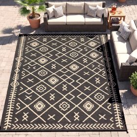 Reversible Outdoor Rug, Waterproof Plastic Straw with Carry Bag, 9' x 12', Black & Beige Rhombus