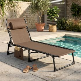 Folding Chaise Lounge Chair Outdoor, Sun Tanning Chair with Side Pocket, Carrying Strap, Brown
