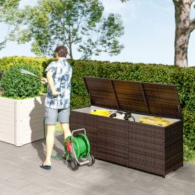 175 Gallon Outdoor Storage Box with Inner Liner, PE Rattan Wicker Deck Box with Pneumatic Bar Lift, Mixed Brown