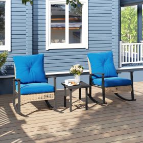 3 Pieces Bistro Set, Patio Wicker Furniture Set with Button Tufted Cushions, Rattan Rocking Chairs, Coffee Table, Blue