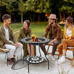 30" Outdoor Fire Pit Dining Table, 3-in-1 Round Wood Burning Fire Pit Bowl, Patio Ice Bucket with Storage Shelf