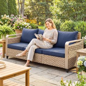 Rattan Wicker Sofa 3-Seater Outdoor Patio Sofa with Cushions for Garden Backyard Porch Dark Blue