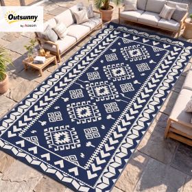 Reversible Outdoor Rug, Waterproof Plastic Straw with Carry Bag, 9' x 18', Blue & White Rhombus Patchwork