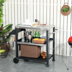 3-Shelf Outdoor Grill Cart Table with Side Handle, Stainless Steel Pizza Oven Stand on Wheels, Black