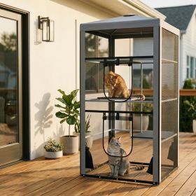 79"H Cat House Kitten Enclosure Mesh Playpen Steel Frame with 3 Platforms, 2 Doors and 4 Sandbags for Stability, Indoor/Outdoor