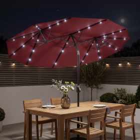 Double-sided Patio Umbrella, 9.7' Outdoor Umbrella with Tilt and Crank, LED Solar Light and 12 Ribs, Wine Red