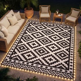 Outdoor Rug Carpet Reversible Plastic Straw Rug with LED Lights Black and White 10' x 8' for Patio
