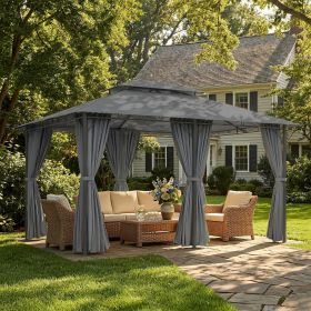 10' x 13' Outdoor Soft Top Gazebo Pergola with Curtains, 2-Tier Steel Frame Gazebo for Patio, Sage Gray
