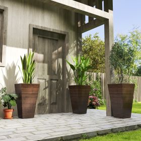 Set of 3 Tall Planters, 28" Outdoor Planter w/ Drainage Holes, Faux Wood Plastic Flower Pots, Brown