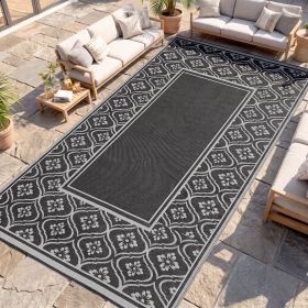 Reversible Outdoor Rug, Waterproof Plastic Straw with Carry Bag, 9' x 18', Black & Gray Gourd Border