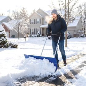 37-Inch Extra Wide Snow Shovel with Wheels, Heavy Duty Aluminum Snow Pusher with Ergonomic Adjustable Handle, Blue