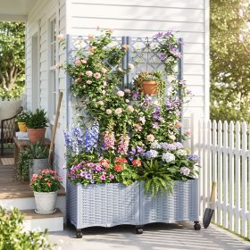 Planter Box with Trellis, Self Watering Raised Garden Bed with Lockable Wheels and Drainage Holes, Gray