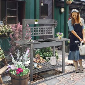 39'' Wooden Garden Potting Bench Work Table with Hidden Storage, Sliding Tabletop, Below Clapboard, Upper Shelf, Gray