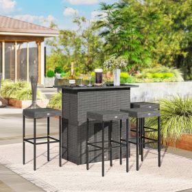 5 Piece Rattan Wicker Bar Set, High Top Outdoor Table and Chairs, Bar Height Patio Set, 2 Shelves & 4 Bar Stools, Gray