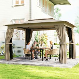 10' x 12' Outdoor Patio Gazebo, Soft Top Gazebo Canopy Shelter with Curtains, Netting, Steel Frame, Hooks, Khaki
