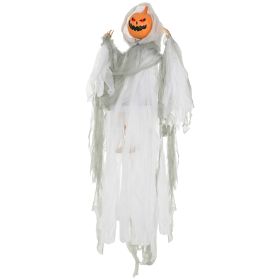 47.2 Inch Hanging Pumpkin Ghost Halloween Decoration Sound Activated With Creepy Howling Sound, Red Light-Up Eyes, Battery Operated Hanging Ghost For