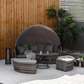 4 Piece Round Rattan Daybed, Convertible Patio Furniture Set, Adjustable Sun Canopy, Sectional Outdoor Sofa, Gray