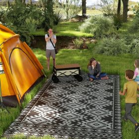 Reversible Outdoor Rug, Waterproof Plastic Straw with Carry Bag, 9' x 18', Black & Gray Rhombus Border