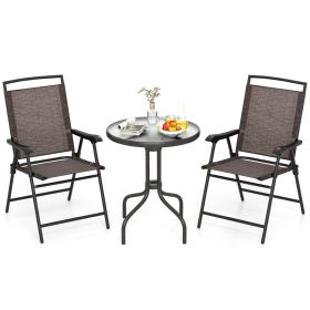 3 Pieces Patio Round Table and Folding Chairs Set with Rippled Tempered Glass Tabletop