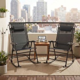 Folding Rocking Chair Set of 2, Outdoor Patio Rockers with Padded Headrest, Portable Leisure Chairs for Porch, Garden, Camping, Smooth Glide, Black