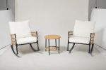 3-Piece Patio Rocking Chair Set, Wicker Outdoor Furniture With White Cushions, Black Metal Frame
