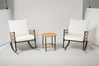 3-Piece Patio Rocking Chair Set, Wicker Outdoor Furniture With White Cushions, Black Metal Frame