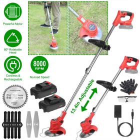 Electric Cordless Grass Trimmer Rechargeable Lawn Mower Weed Cutter with 2 Alloy Saw Blades 2 Alloy Blades 10 Plastic Blades 2 Rechargeable Batteries