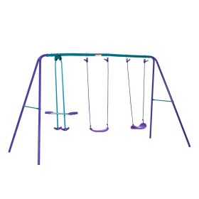 Metal Swing Set with Glider, Two Swing Seats and Adjustable Height, Outdoor Heavy Duty A-Frame Suitable for Playground, Backyard, Purple