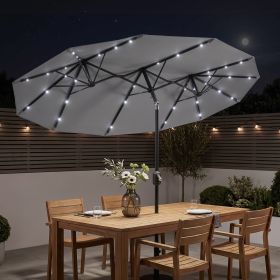 Double-sided Patio Umbrella, 9.7' Outdoor Umbrella with Tilt and Crank, LED Solar Light and 12 Ribs, Gray