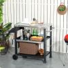 Grill Cart Table Outdoor, 3-Shelf Stainless Steel, Pizza Oven Stand, Black with BBQ Wheels & Side Handle