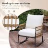 3-Piece Patio Rocking Chair Set, Wicker Outdoor Furniture With White Cushions, Black Metal Frame