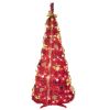 6Ft Red Pre-Lit Pop-Up Christmas Tree With 150 Warm White Led Ribbons Bow Flowers Snowflakes Pine Cones Red Ornaments Collapsible Artificial Christmas