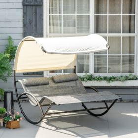Outdoor Double Chaise Rocking Chair, Day Bed Sun Lounger with Canopy Shade, Headrest Pillow, Armrests for Garden, Poolside, Light Gray