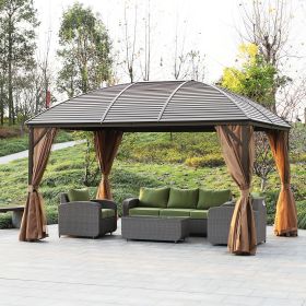 10' x 13' Hardtop Gazebo with Curtains, Netting, Pavilion with Steel Roof Ceiling Hook for Garden Patio, Brown