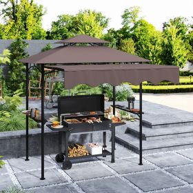 8' x 7.6' Outdoor Grill Gazebo, Barbecue Gazebo Shelter with Side Awning, 2 Side Shelves and 6 Hooks, Brown