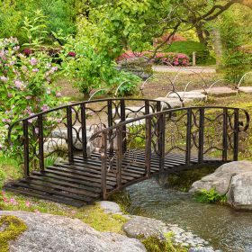 6' Metal Arch Backyard Garden Bridge with 660 lbs. Weight Capacity, Safety Siderails, Vine Motifs, Easy Assembly, Brown