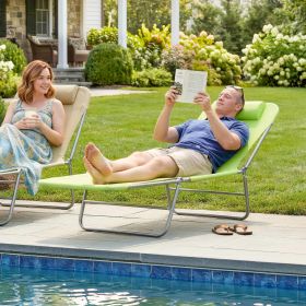 Folding Chaise Lounge Pool Chairs, Outdoor Sun Tanning Chairs with Pillow, Reclining Back, Green