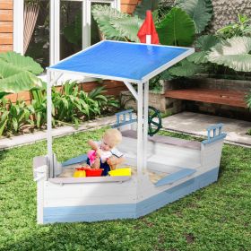 Kids Sandbox with Canopy, Pirate Ship Wooden Sand Boxes with Bench for Backyard, Sand Pit for Toddlers, 83" x 43", Blue