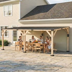 10' x 20' Wooden Gazebo, Hardtop Lean-to Gazebo Pergola with Galvanized Steel Sloped Roof, Light Walnut