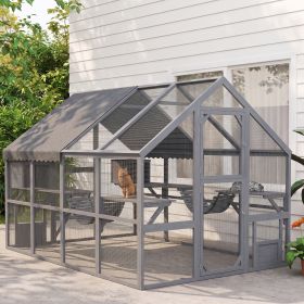 Wooden Catio Outdoor Cat Enclosure with Waterproof Cover, 2 Condos, 6 Platforms, Bridge, Doors, Gray