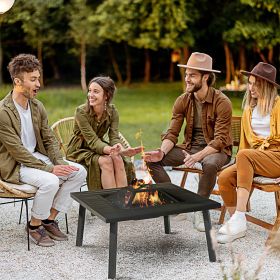 34" Fire Pit with Grill, Metal Outdoor Wood Burning Firepit with Spark Screen, Fire Poker, Cover, Table Lip, Black