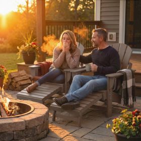 Folding Adirondack Chair Set of 2, HDPE Fire Pit Chair with Retractable Ottoman and Cup Holder, Brown