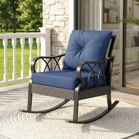 Outdoor Wicker Rocking Chair with Padded Cushions, Aluminum Furniture, Rattan Porch Rocker Chair w/ Armrest, Navy Blue