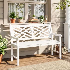 Outdoor Garden Bench, Wooden Frame Patio Bench with Geometric Pattern, 43.25 Inch Weatherproof 2-Person Love Seat, White
