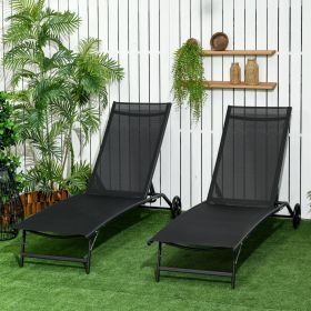 Chaise Lounge Outdoor, 2 Piece Lounge Chair with Wheels, Tanning Chair with 5 Adjustable Positions, Black