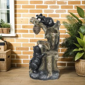 22.4" Outdoor Fountain, 3-Tier Resin Resin Bears and Honey Beehive Outdoor Waterfall Fountain with LED Lights, Pump